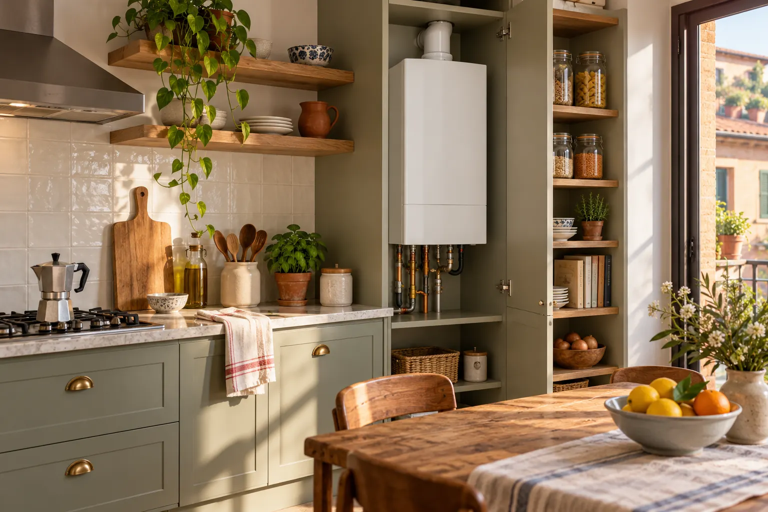 Cucina ristrutturata con caldaia murale in una nicchia