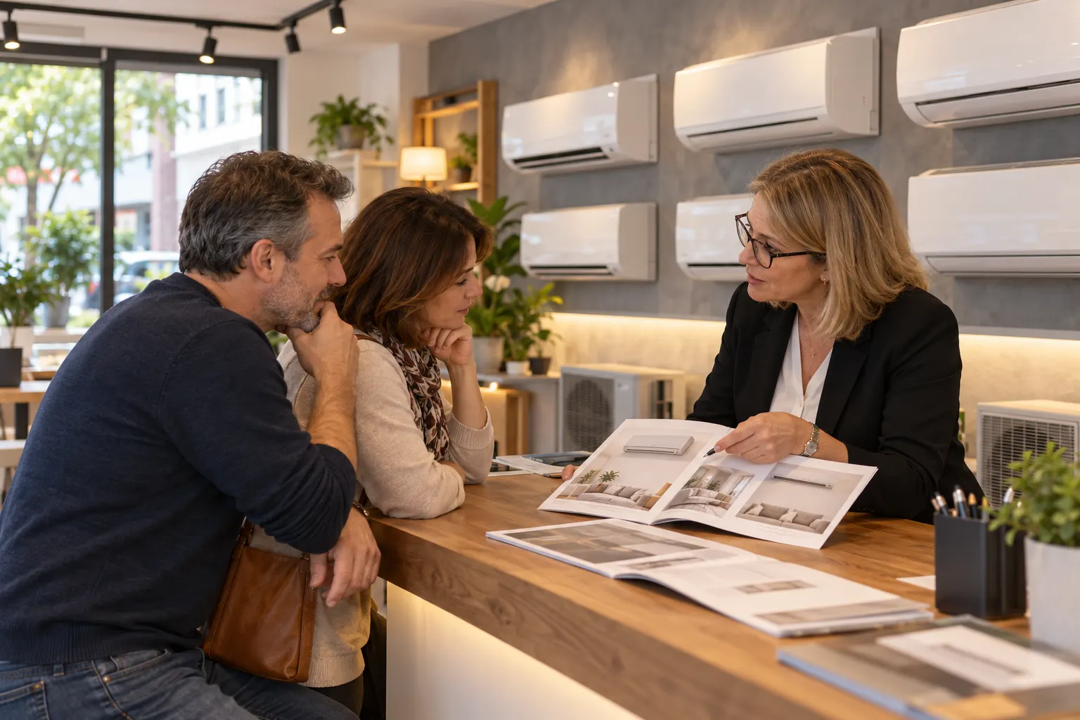 Consulente dello showroom Caldaimurall che mostra un catalogo a una coppia