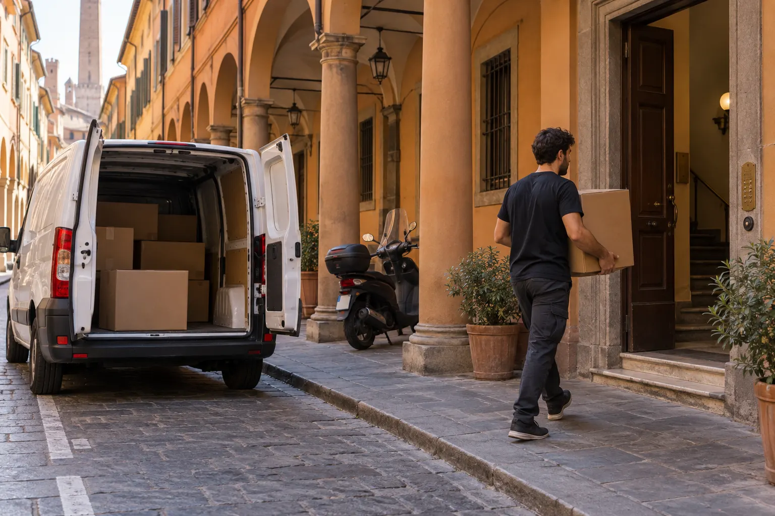 Consegna di un climatizzatore sotto i portici di Bologna